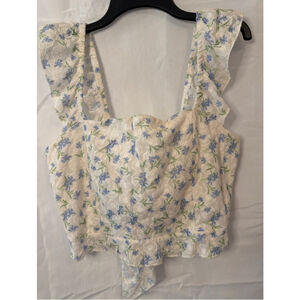 Cottagecore Floral Embroidered Milkmaid Tie Back Coquette Crop Top Size XL NWOT